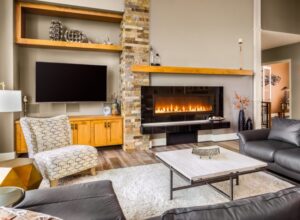 Roaring Fire In A Stylish Electric Fireplace Roaring fire in a stylish electric fireplace in Washington, DC